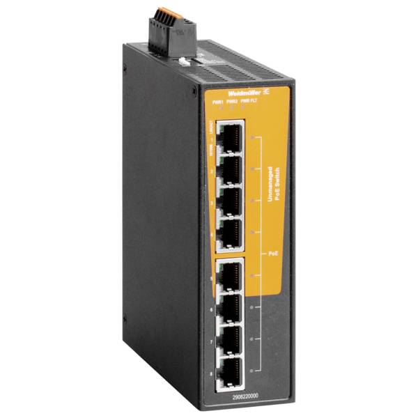 Industrieller Ethernet-Schalter mit acht RJ45-Anschlüssen und orangefarbenem Statusetikett, gezeigt in einem schwarzen Metallgehäuse.