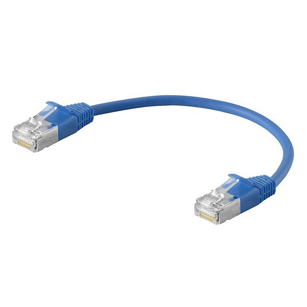 Blaues Ethernet-Kabel mit RJ45-Steckern an beiden Enden, dargestellt auf weißem Hintergrund.