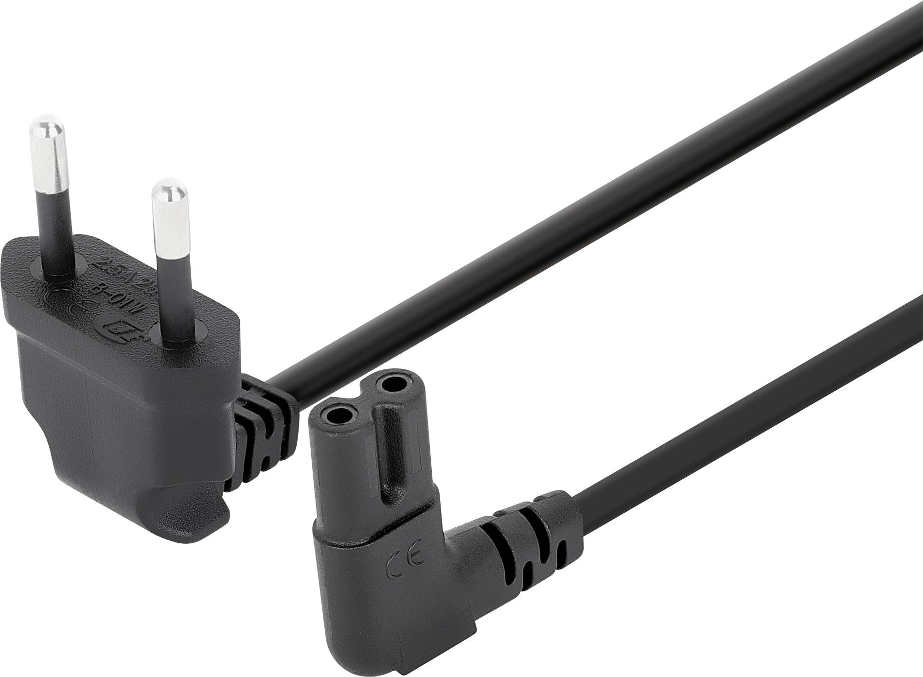 Zwei schwarze europäische Stromstecker im rechten Winkel mit schwarzen Kabeln auf weißem Hintergrund.