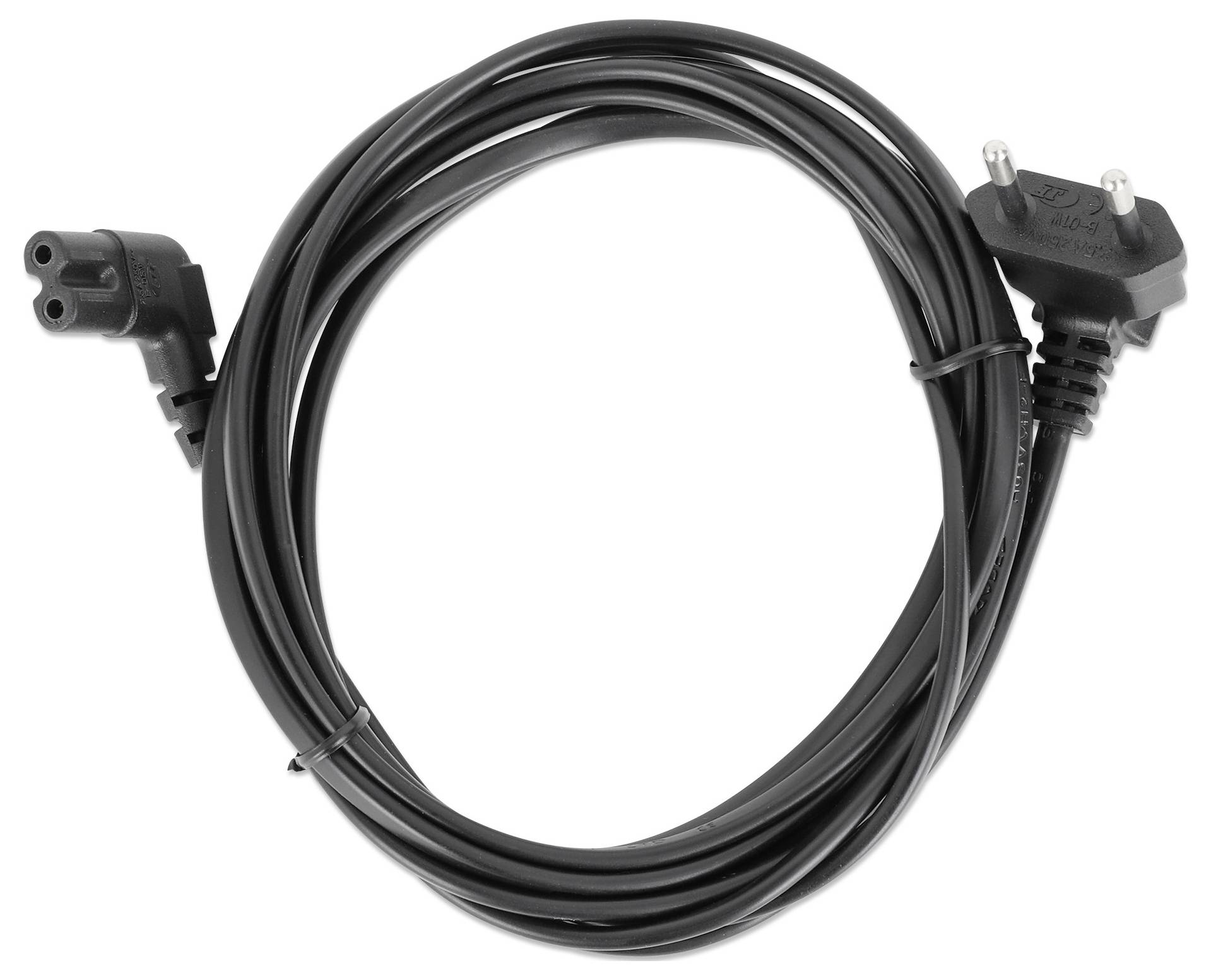 Schwarzes Stromkabel mit einem zweipoligen Stecker an einem Ende und einem Achter-Stecker am anderen Ende, aufgerollt auf weißem Hintergrund.