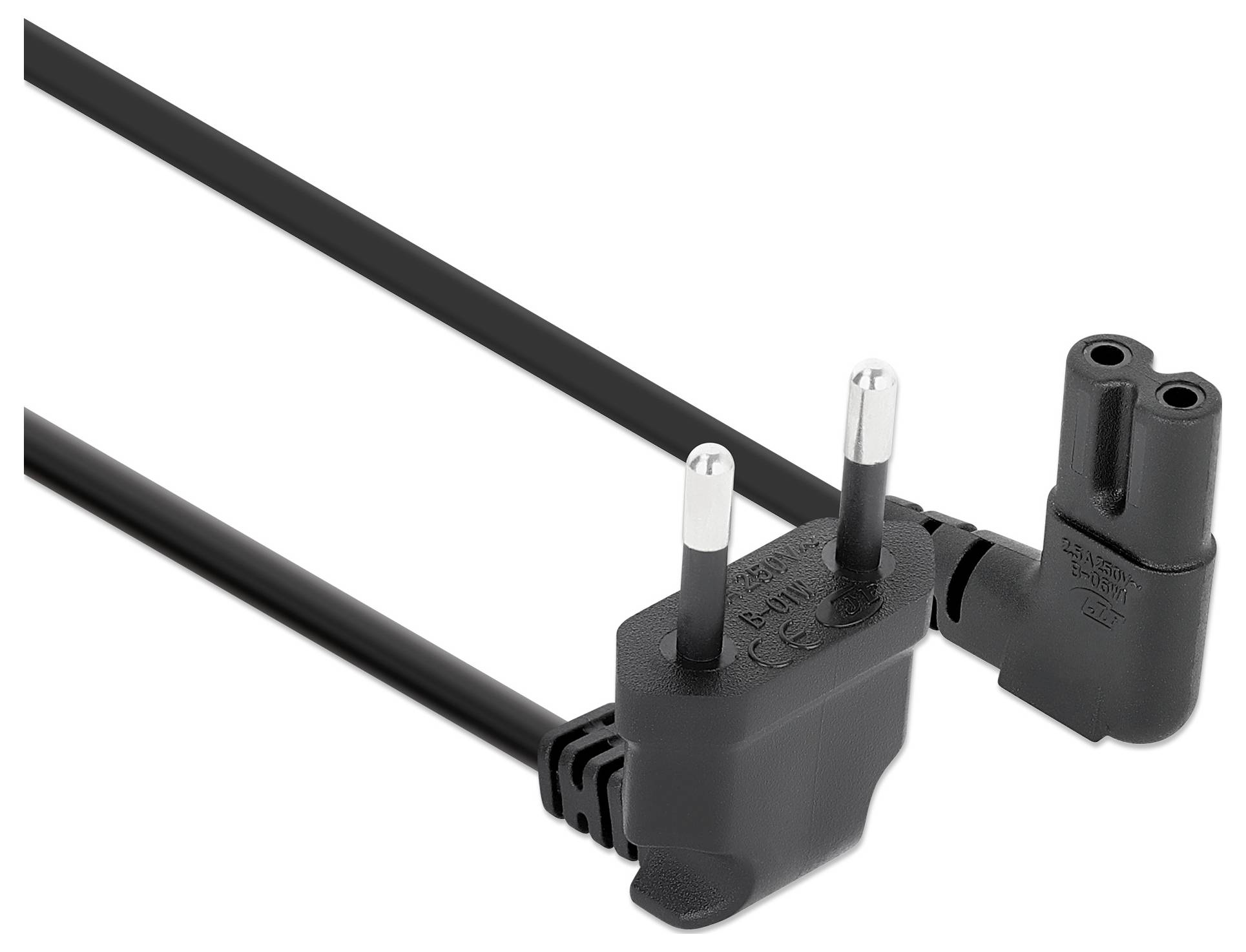 Schwarzes europäisches Stromkabel mit zweipoligem Stecker und angebrachtem C7-Achterverbinder