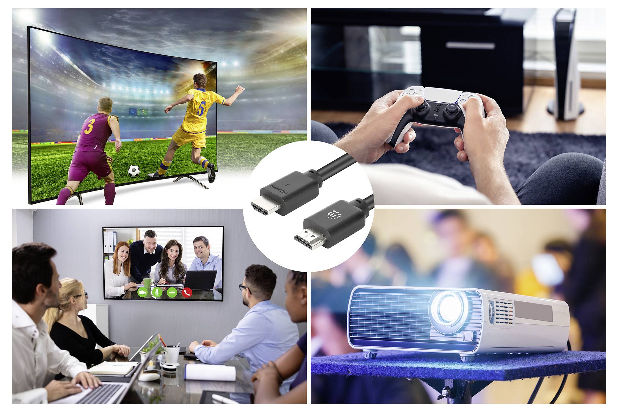 Collage von 4K-HDMI-Technologie: Fußball auf einem Fernseher, Hände mit einem Spielecontroller, eine Videokonferenz auf einem Bildschirm und ein Projektor mit einem HDMI-Kabel.