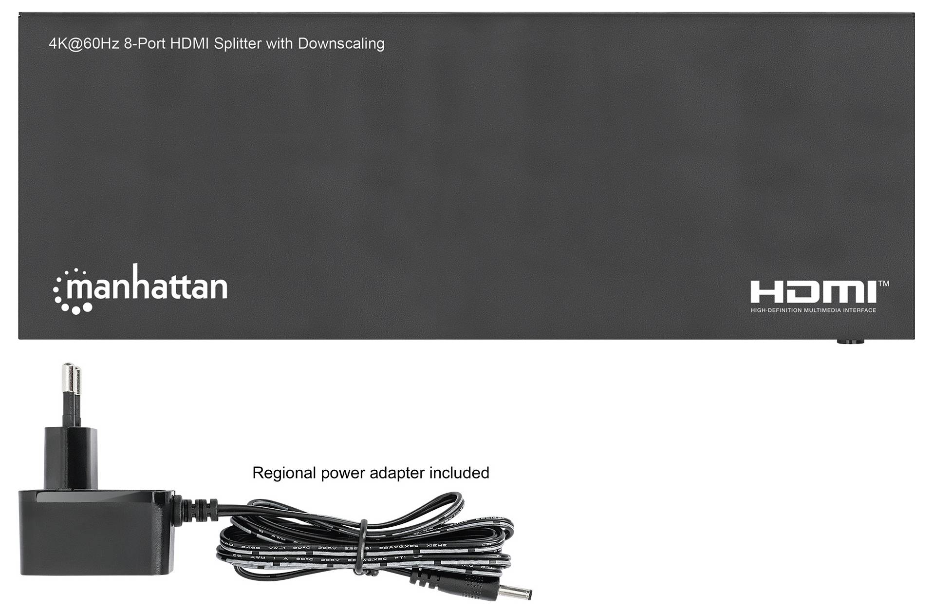 Manhattan 4K@60Hz 8-Port-HDMI-Splitter mit Downscaling, gezeigt mit enthaltener regionaler Stromversorgung und HDMI-Logo.