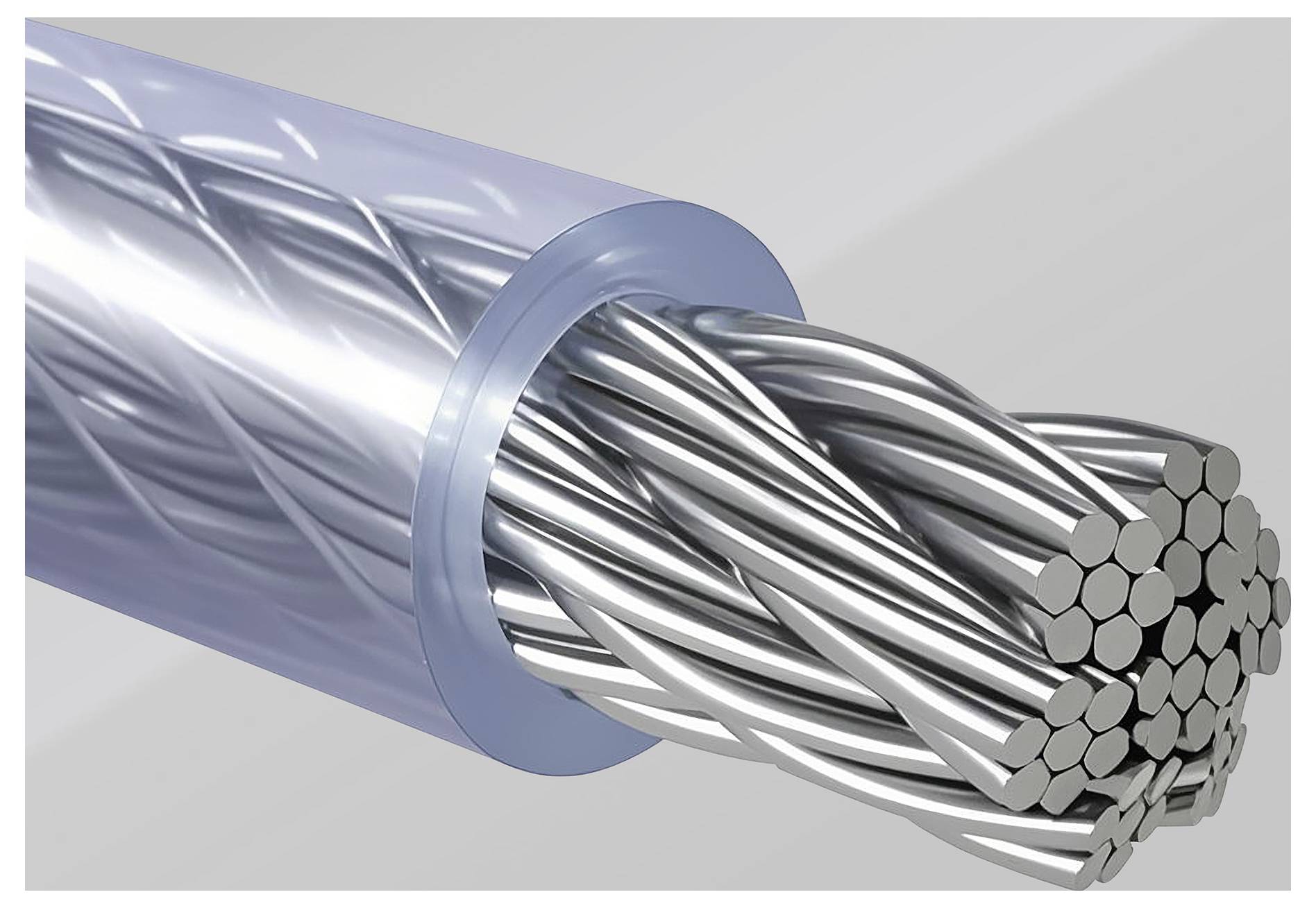 Nahaufnahme eines silbernen mehrstränigen Kabels oder Drahtseils, das aus blauer Isolierung hervorkommt, zeigt die verdrehten Metallstränge und das Schnittende.