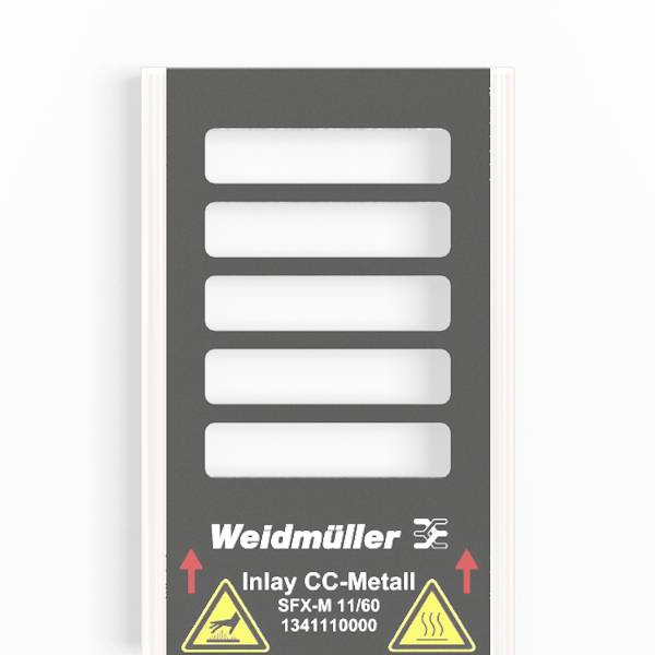 Weidmuller Inlay CC-Metal Etikett mit fünf leeren weißen Feldern und Warnsymbolen, verwendet zur Kabel- oder Ausrüstungsidentifikation.