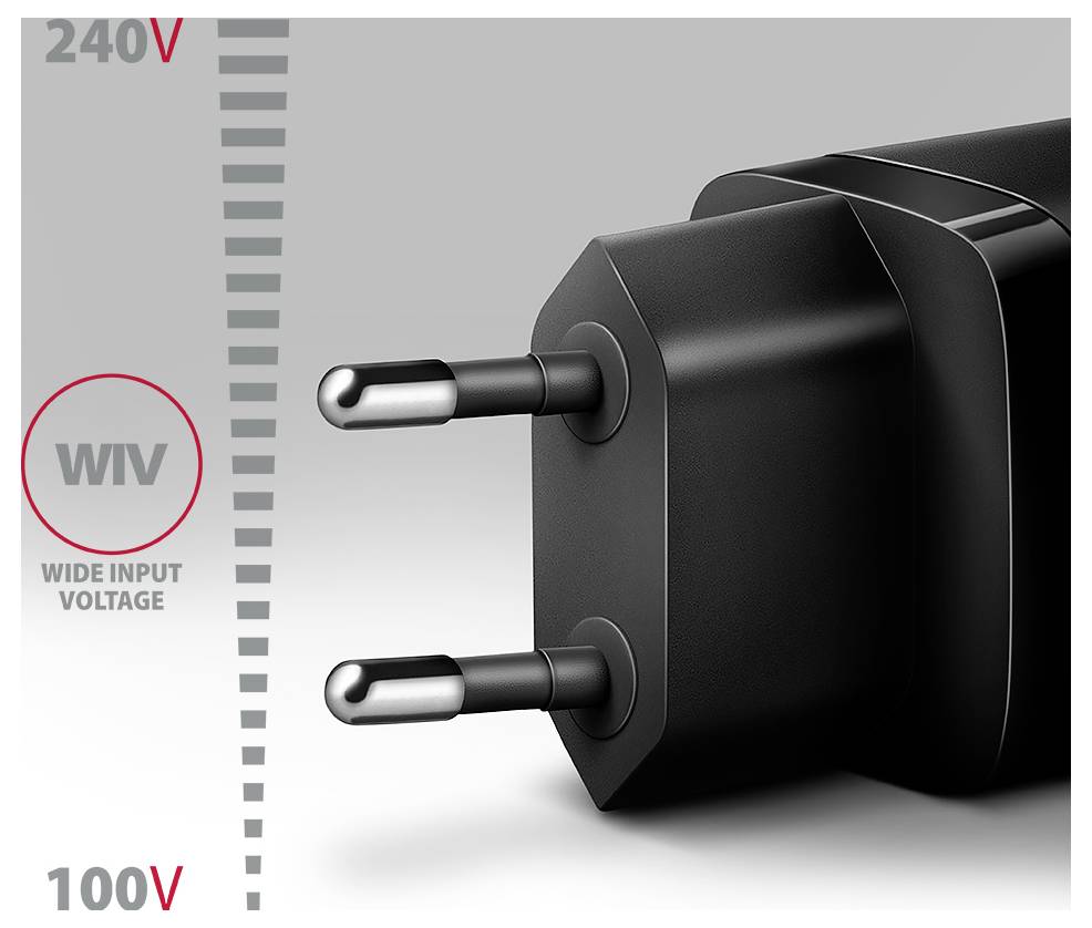 Schwarzer zweipoliger Stromstecker mit der Bezeichnung WIV, zeigt breites Eingangsspannungsbereich von 100V bis 240V.