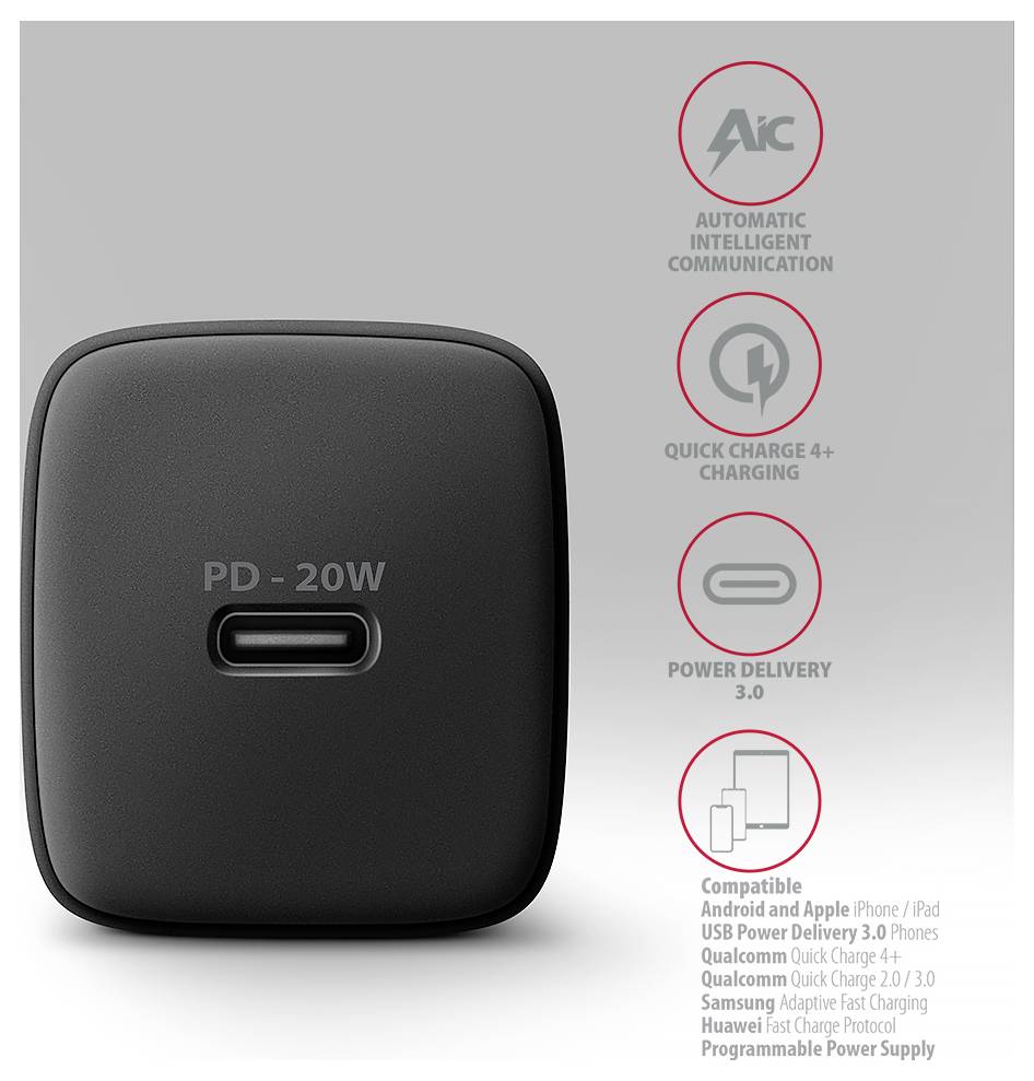 Schwarzes PD-20W USB-Wandladegerät mit einem USB-C-Anschluss; seitliche Symbole werben für AIC-, Quick Charge 4+- und Power Delivery 3.0-Kompatibilität.