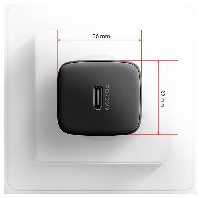 Draufsicht eines schwarzen USB-C-Wandladegeräts mit der Bezeichnung „PD-20W