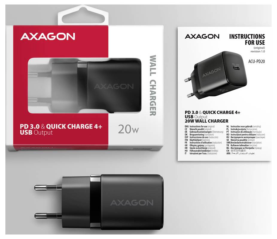 Axagon 20W USB-Wandladegerät Paket, Bedienungsanleitung und das schwarze Stecker-Ladegerät von vorne und von der Seite gezeigt.