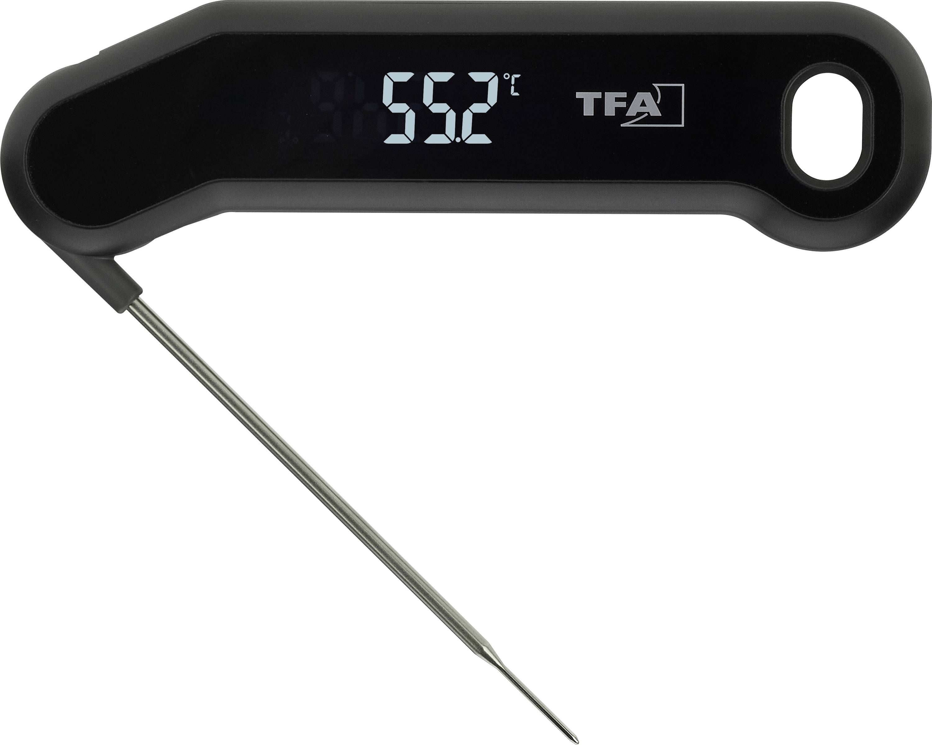 Digitales Lebensmittelthermometer zeigt 55,2°C an, mit einer langen Metalldüse und TFA-Logo auf einem schwarzen tragbaren Anzeigefeld.