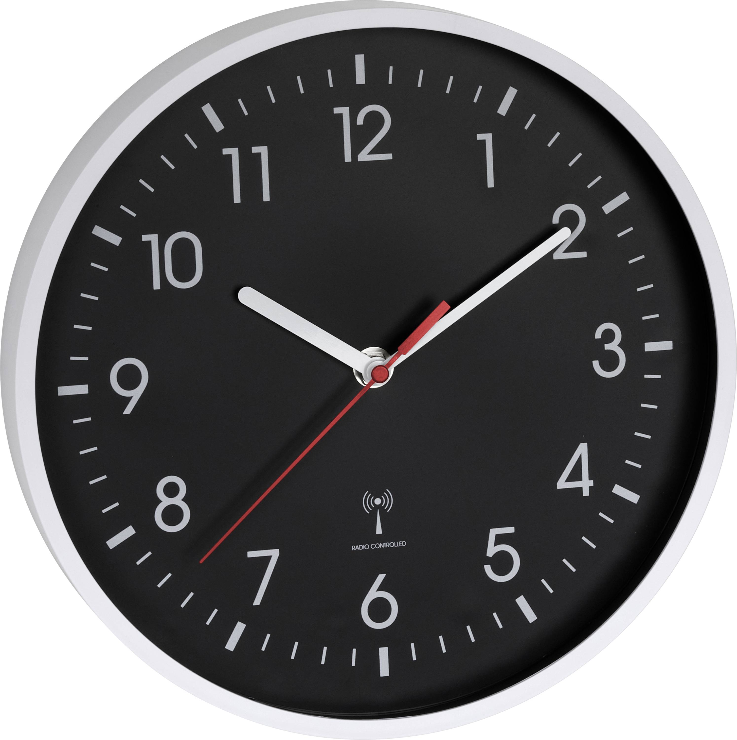 Runde schwarze Wanduhr zeigt etwa 10:09 Uhr an, mit weißen Ziffern, silbernem Rahmen und rotem Sekundenzeiger.