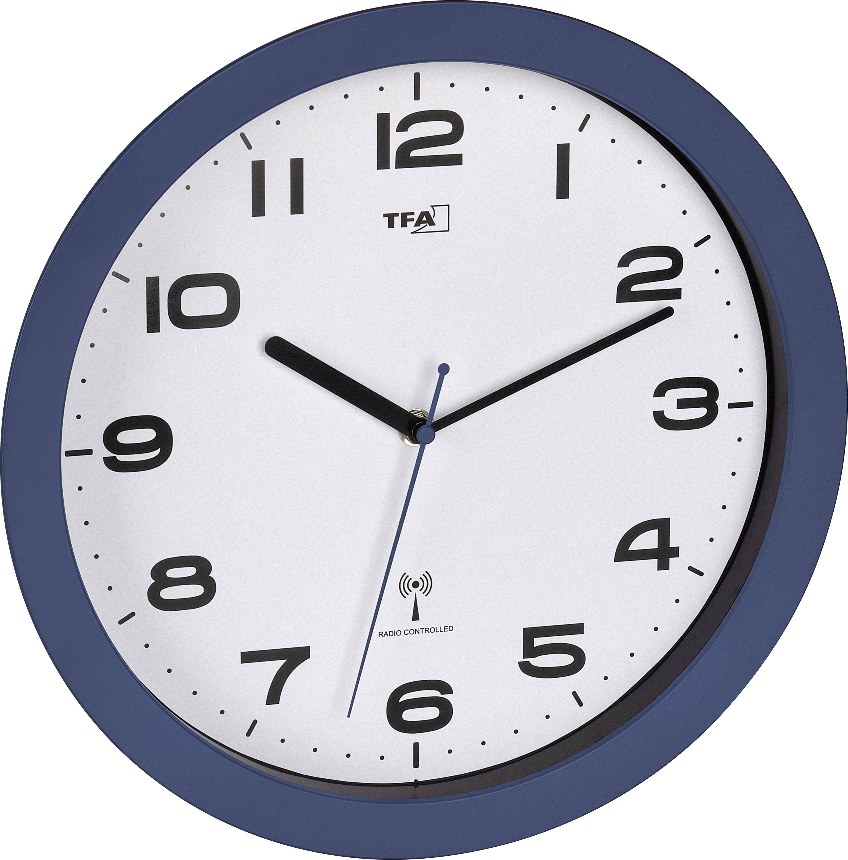 Blaue Wanduhr, die etwa 10:10 anzeigt, mit schwarzen Zahlen und Zeigern und einer Bezeichnung „funkgesteuert