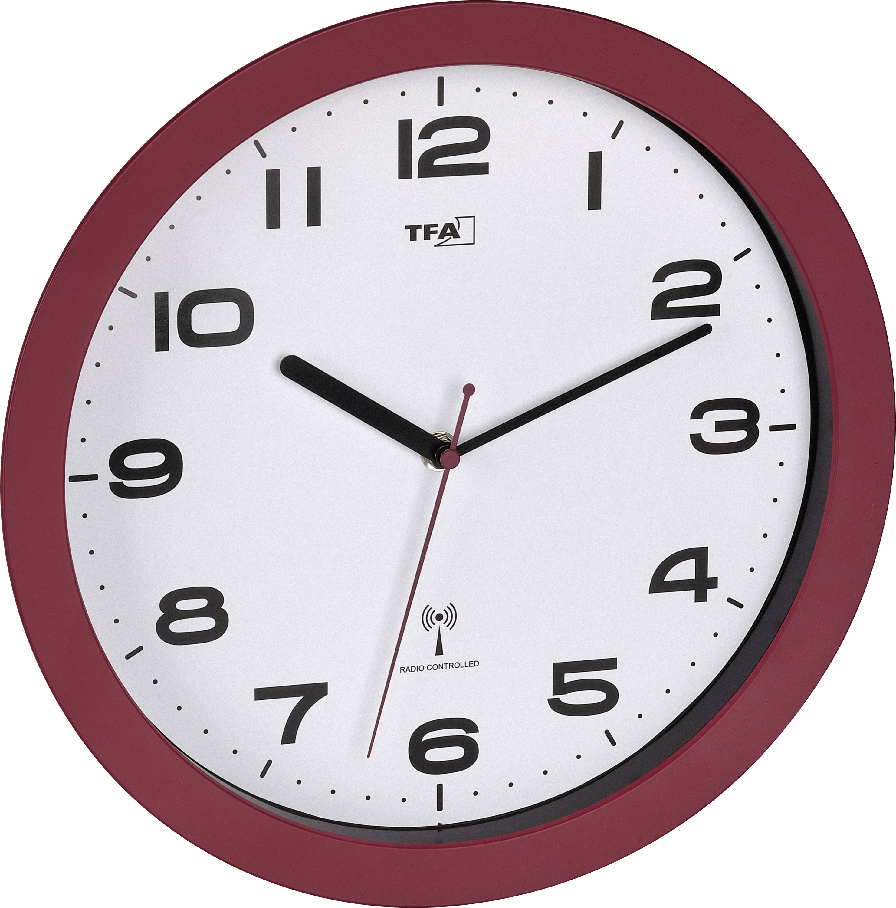 Analoge Wanduhr mit rotem Rand, die etwa 10:10 anzeigt, mit rotem Sekundenzeiger und schwarzen Ziffern.