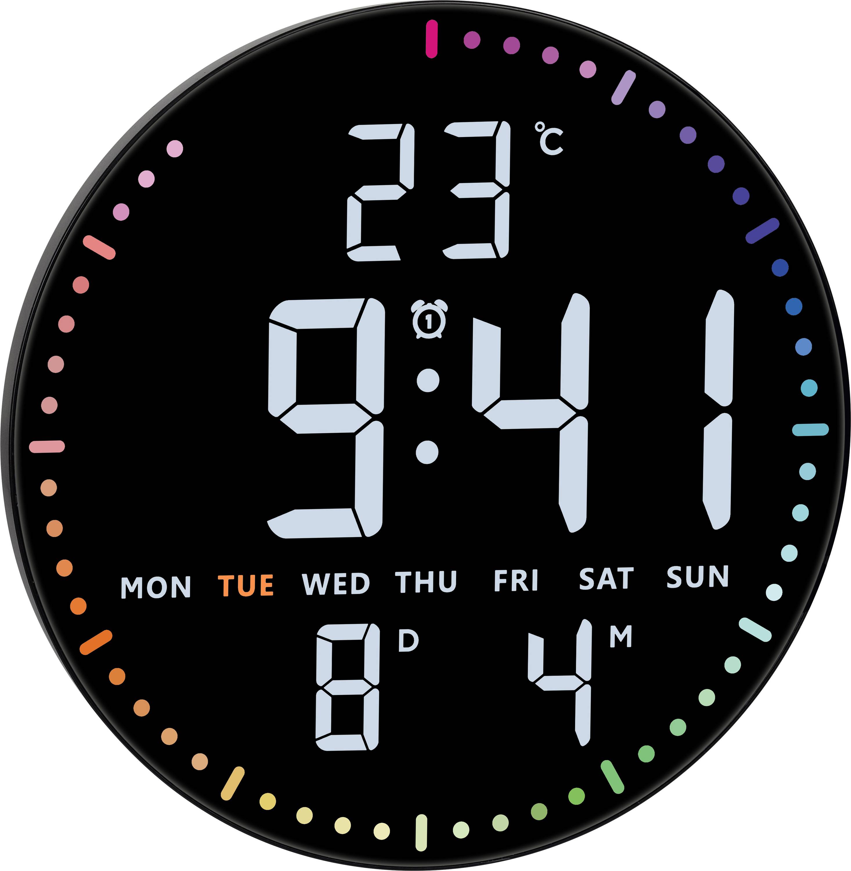 Digitale Runduhr zeigt 9:41 an, 23°C, Dienstag, mit Wecker- und Datumsindikatoren.