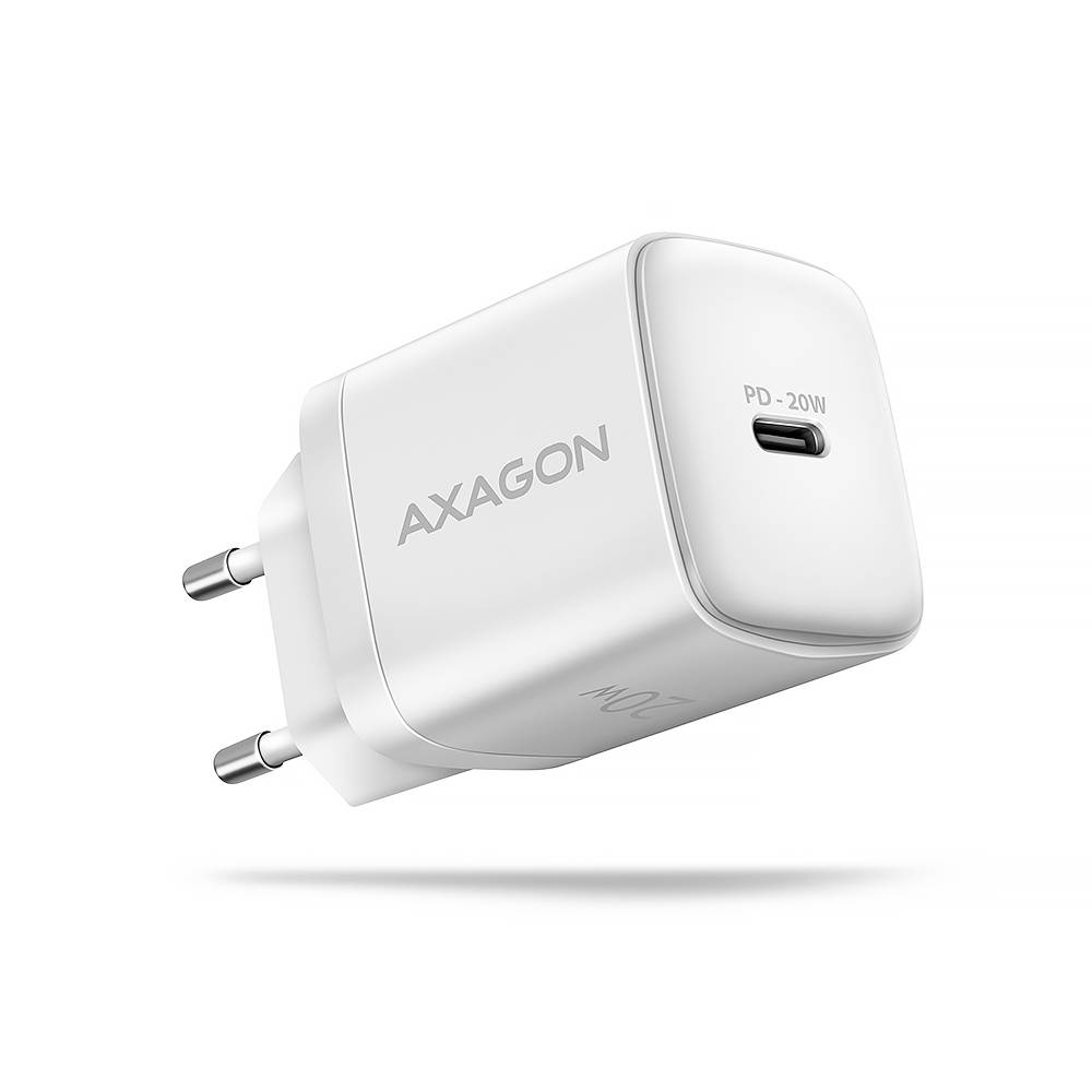 Weißes Axagon-Wandladegerät mit zwei europäischen Steckern und einem USB-C-Anschluss mit der Bezeichnung „PD-20W