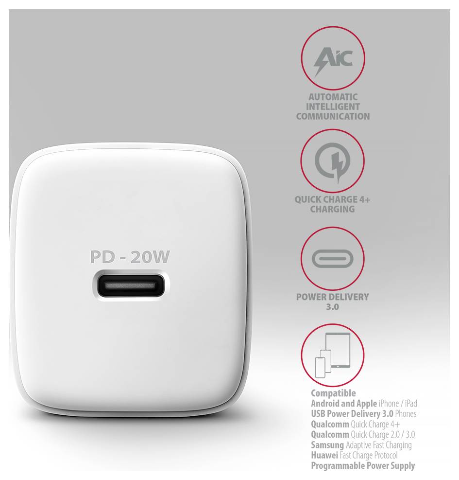 Weiß PD-20W USB-C-Wandladegerät frontal dargestellt, mit Symbolen für automatische intelligente Kommunikation, Quick Charge 4+, Power Delivery 3.0 und Kompatibilitätsdetails.
