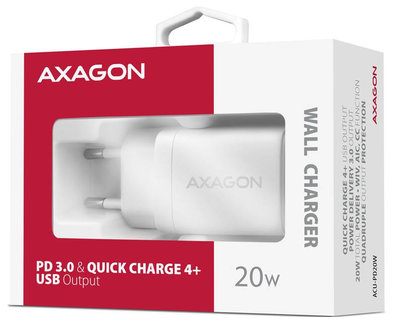 AXAGON 20W-Wandladegerät-Packung mit einem weißen USB-C-Stromadapter mit der Aufschrift „PD 3.0 & Quick Charge 4+ USB-Ausgang