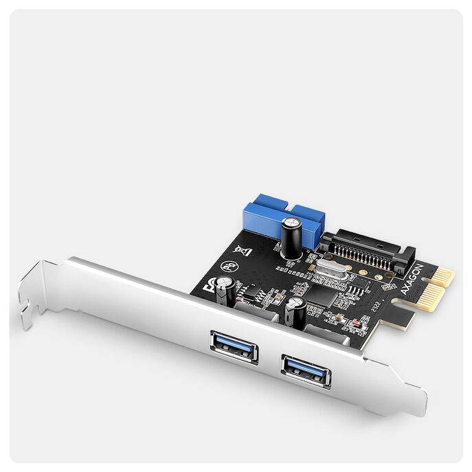 PCIe-Erweiterungskarte mit zwei vorderen USB-A-Anschlüssen und internem Anschluss, dargestellt auf einfachem weißem Hintergrund.