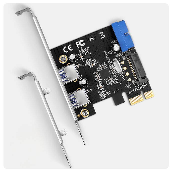 PCIe-Erweiterungskarte mit zwei USB-Anschlüssen, dargestellt mit ihrer befestigten Metallhalterung, wahrscheinlich zum Hinzufügen von USB-Konnektivität zu einem Computer.