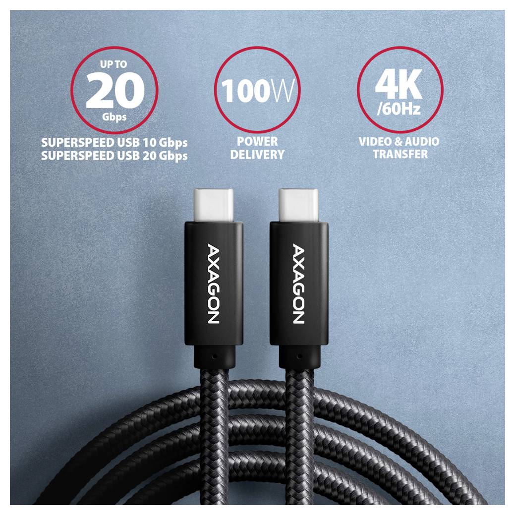 Zwei AXAGON USB-C-Stecker mit spiralförmigem Kabel, beworben für bis zu 20 Gbit/s Datenübertragung, 100W Stromversorgung und 4K/60Hz Video- und Audioübertragung.