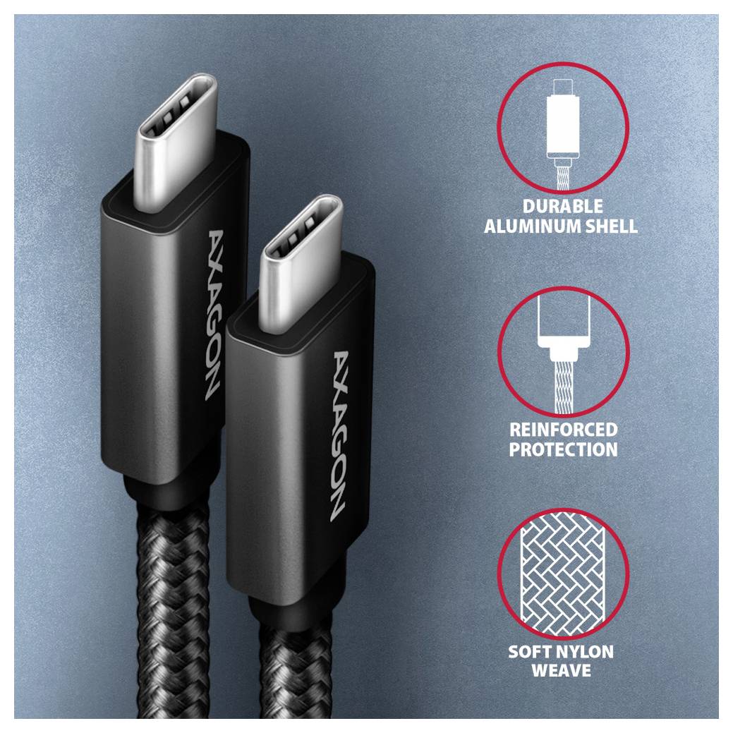 Produktbild von zwei schwarzen USB-C-Kabeln mit Aluminiumsteckergehäusen, gekennzeichnet mit langlebiger Aluminiummantelhülle, verstärktem Schutz und weichem Nylongeflecht.
