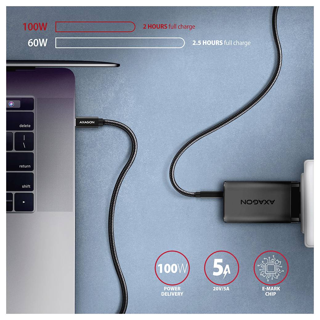 Ein Laptop wird über ein AXAGON USB-C-Kabel und einen Adapter geladen, wobei die Spezifikationen im Bild 100W in 2 Stunden, 60W in 2,5 Stunden, 5A/20V und einen E-Mark-Chip zeigen.