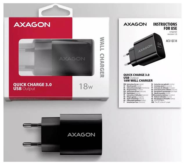 AXAGON USB Ladegerät 18W 1x USB-A Quick Charge 2.0, Quick Charge 3.0, Fast Charge, Adaptive Fast Charge
