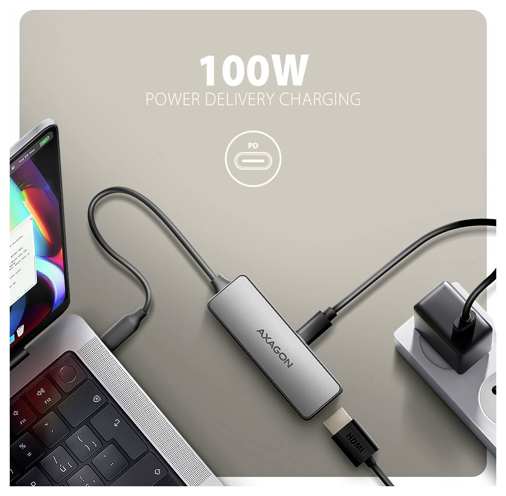 Ein 100-W-Stromlieferungs-Ladegerät verbindet einen Laptop und ein Smartphone über Kabel mit einer Steckdose und einem USB-C-PD-Symbol.