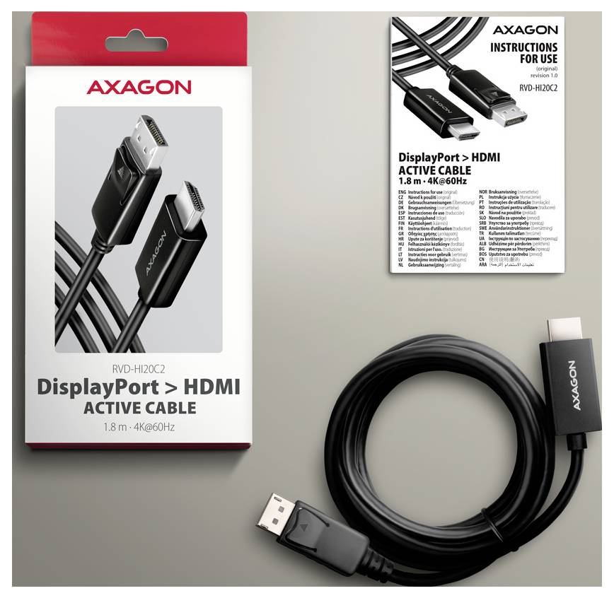 AXAGON DisplayPort zu HDMI aktives Kabel-Set und Spiralkabel, mit Bezeichnung 1,8 m, 4K@60Hz, Modell RVD-HI20C2.