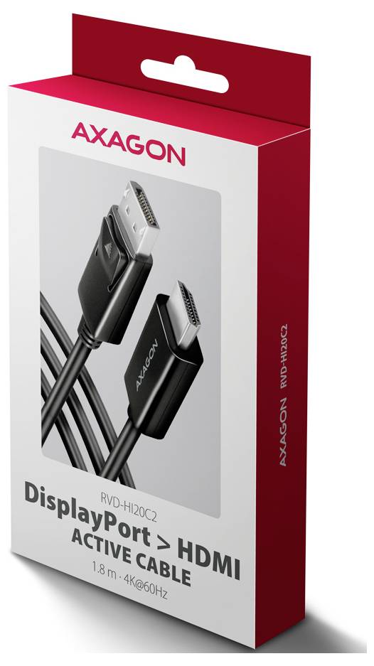 AXAGON DisplayPort zu HDMI aktives Kabel Einzelhandelsverpackung, zeigt 1,8 m 4K@60Hz Kabel und Produktmodell RVD-HI20C2.