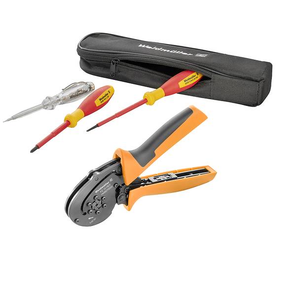 Satz von elektrischen Handwerkzeugen in einem schwarzen Reißverschlussetui: zwei isolierte Schraubendreher, ein Prüfschraubendreher und ein orange-schwarzes Drahtcrimpwerkzeug.