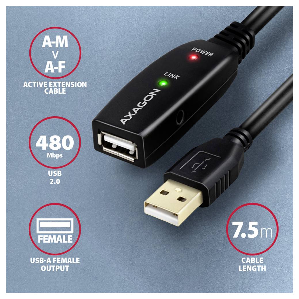 Produktbild eines aktiven USB-Verlängerungskabels von Axagon, zeigt USB-A Stecker auf USB-A Buchse, USB 2.0 480 Mbps, 7,5 m Länge, mit Stromversorgungs- und Verbindungsindikatoren.