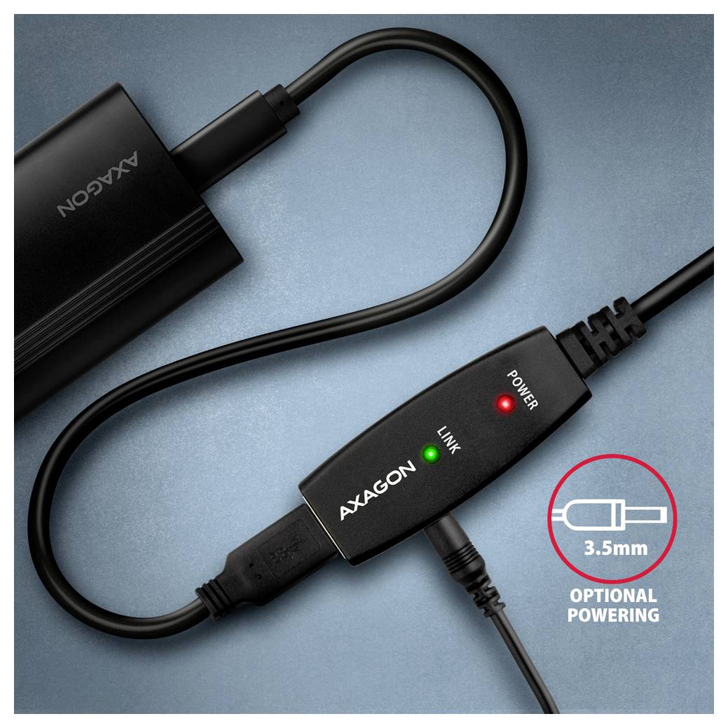 Schwarzes AXAGON USB-Adapterkabel mit POWER- und LINK-Indikatorleuchten, wobei ein optionaler 3,5-mm-Stromeingang für das angeschlossene Gerät angezeigt wird.