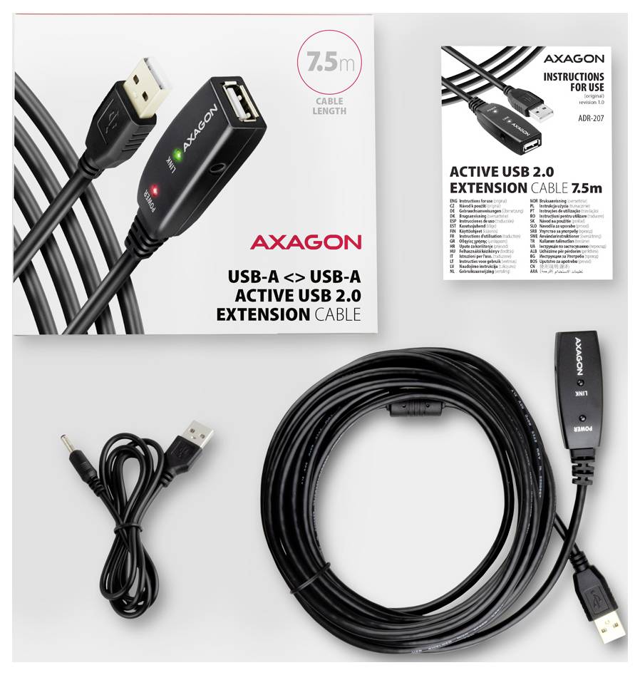 AXAGON USB-Kabel USB 2.0 USB-A Stecker 7.5 m Schwarz ADR-207
