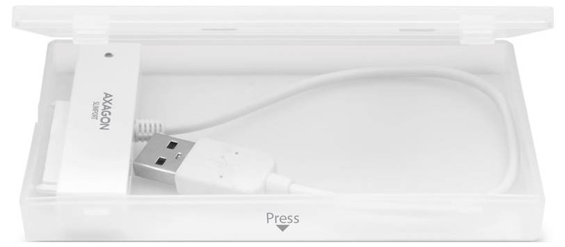 Weißes USB-Laufwerk und Kabel in einem durchsichtigen Kunststofftablett verpackt, mit dem Wort „Press