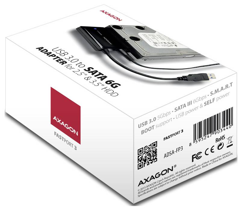 AXAGON USB 3.0 zu SATA 6G Adapter-Box für 2,5- und 3,5-Zoll Festplattenlaufwerke mit Kabel, Laufwerk und Produktetiketten.