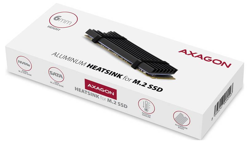 Produktbox für AXAGON Aluminium-Kühlkörper für M.2 SSD, mit einem schlanken schwarzen Kühlsink und Beschriftungen für 6 mm Höhe und SATA/M.2-Kompatibilität.