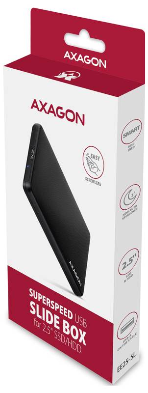 AXAGON Superspeed USB-Schiebebox für 2,5-Zoll-SSD/HDD, zeigt ein schwarzes Gehäuse und Produktverpackung.