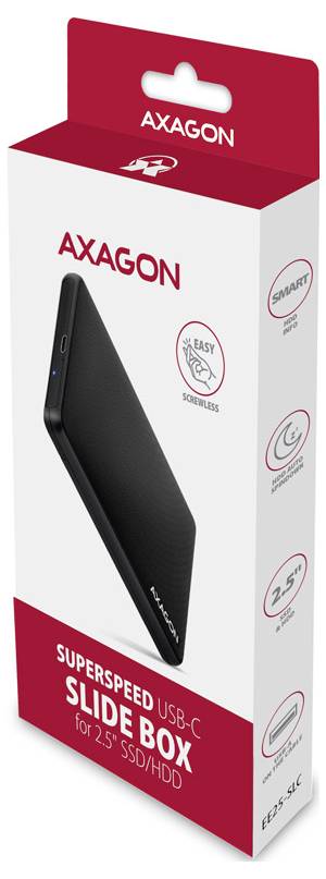 AXAGON Superspeed USB-C Schiebekasten für 2,5-Zoll-SSD/HDD, gezeigt auf Einzelhandelverpackung mit schwarzem Gehäuse und Funktionssymbolen.
