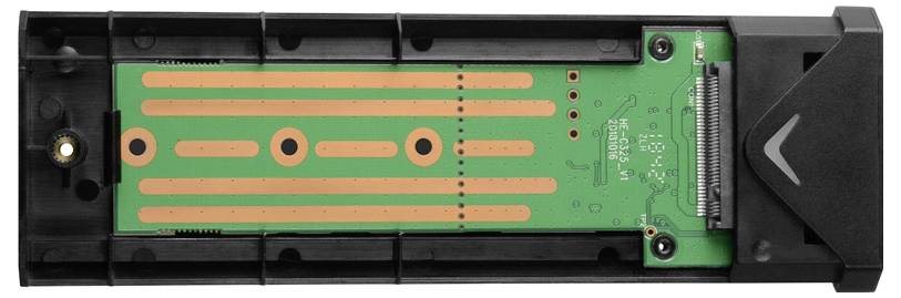 Nahaufnahme eines schwarzen elektronischen Moduls mit einer grünen Leiterplatte und Kupferleiterbahnen im Inneren, die einen Stecker an einem Ende zeigen.