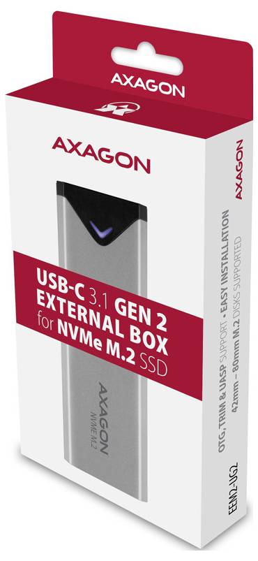 AXAGON USB-C 3.1 Gen 2 externes Gehäuse für NVMe M.2 SSD, auf der Produktverpackung abgebildet.