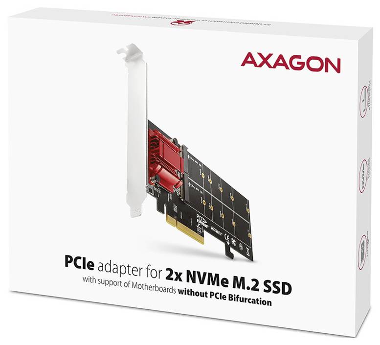 Produktbox für AXAGON PCIe-Adapter für 2x NVMe M.2 SSD mit Unterstützung für Motherboards ohne PCIe-Bifurkation.