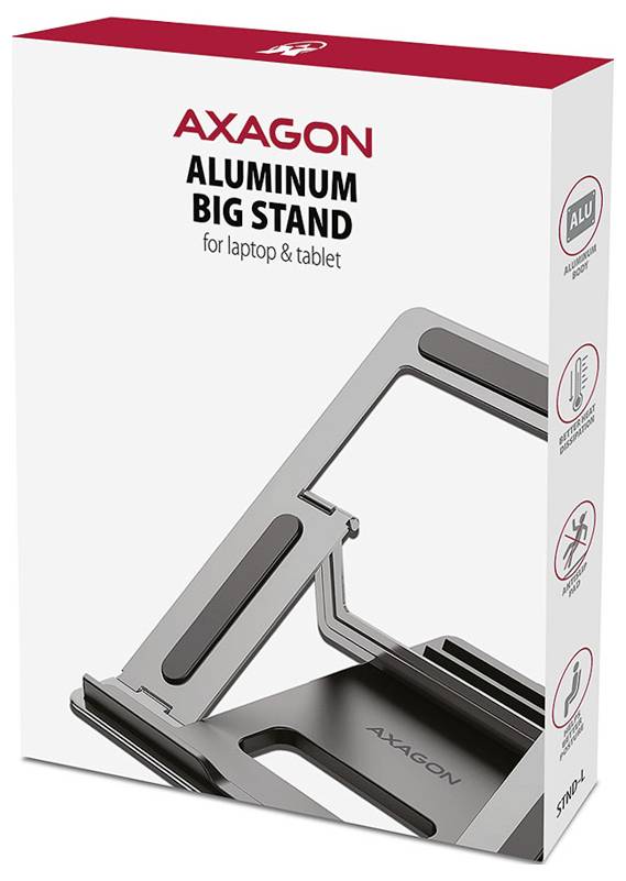 Produktbox für „AXAGON Aluminum Big Stand" für Laptop und Tablet, die einen silbernen verstellbaren Ständer mit seitlichen Funktionssymbolen zeigt.