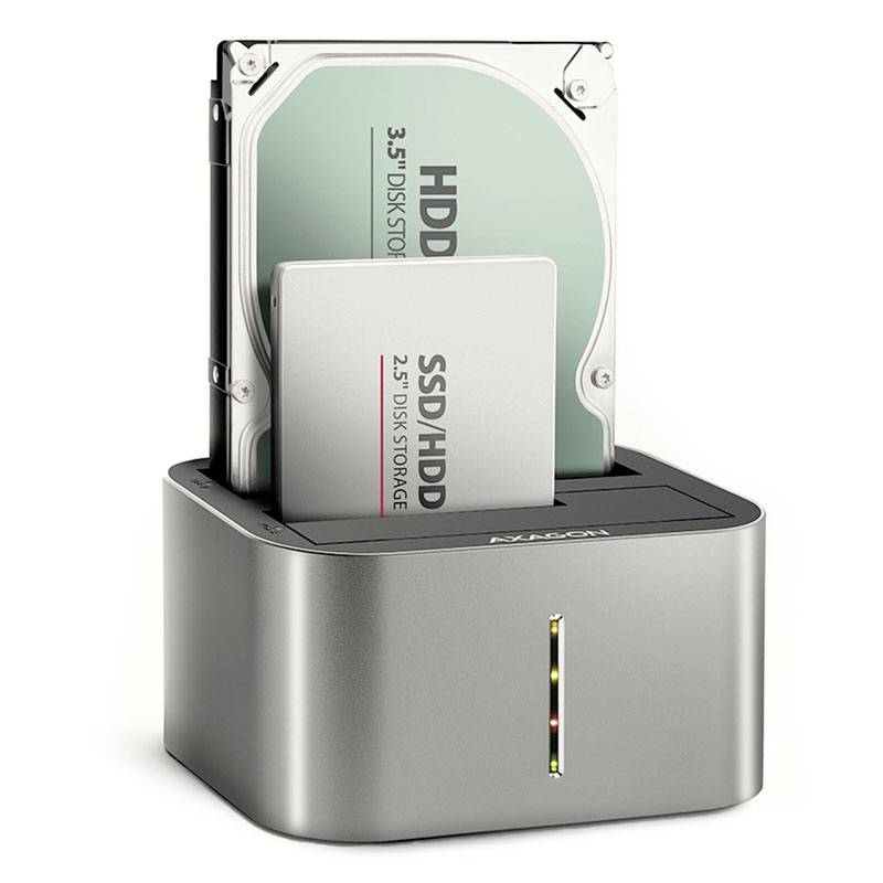 Dockingstation für eine 3,5-Zoll-Festplatte und eine 2,5-Zoll-SSD/Festplatte mit LED-Statusanzeigen an der Vorderseite.
