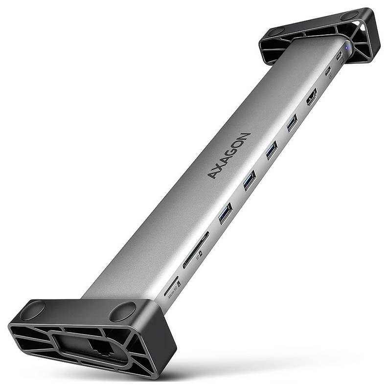 Silberner AAXA N9N USB-C-Hub/Dockingstation mit mehreren USB-Anschlüssen und Lüftungsöffnungen vor weißem Hintergrund dargestellt.
