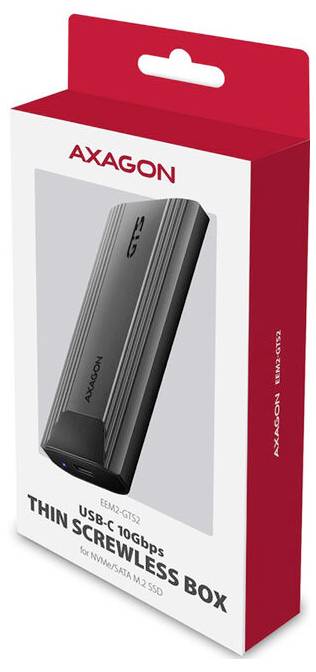 Rote AXAGON-Einzelhandelsverpackung mit einer schlanken USB-C-zu-M.2-SATA-Gehäuse ohne Schrauben, mit Produktabbild und Beschriftung auf der Vorderseite.