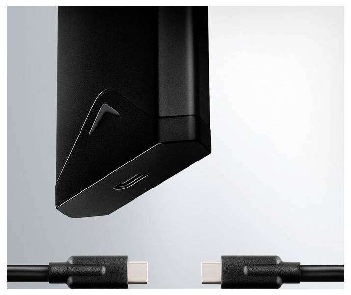 Schwarzes USB-C-Wandladegerät über zwei getrennten USB-C-Kabelenden auf hellgrauem Hintergrund, was darauf hindeutet, dass das Laden nicht angeschlossen ist.