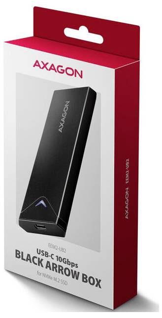 Ein offenes AXAGON-Externes Laufwerksgehäuse zeigt ein kleines M.2-SSD-Modul, das innen neben der silbernen Abdeckung eingesetzt ist.