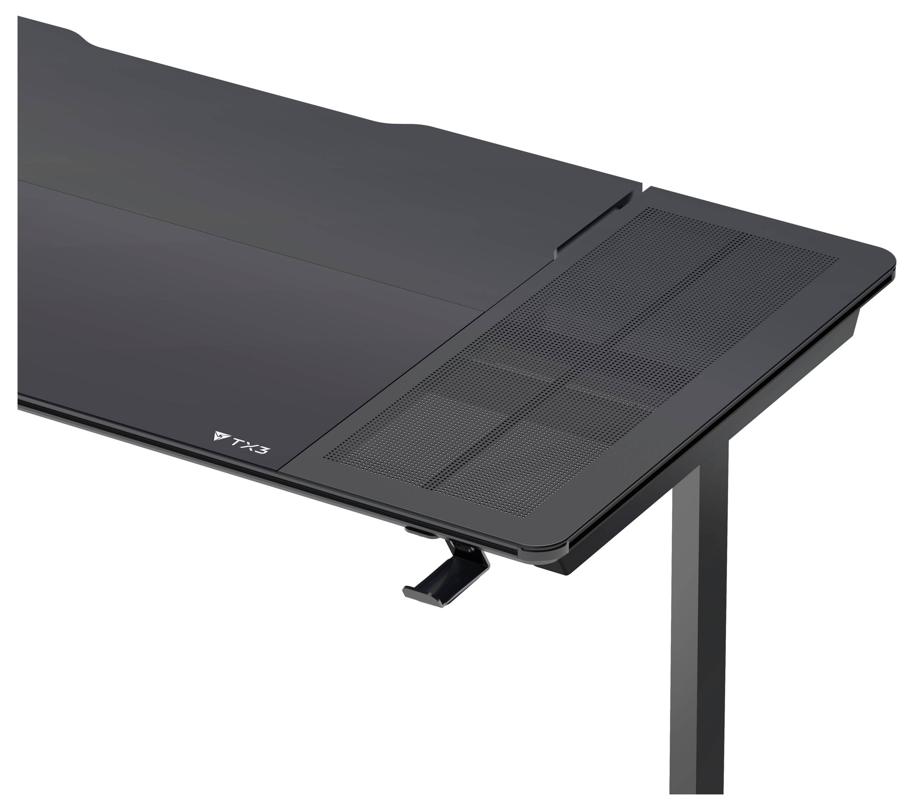 Eckenansicht einer schwarzen Tischplatte mit einem seitlichen Mesh-Panel und einer kleinen Klemmvorrichtung darunter, gestützt durch ein einzelnes Bein.