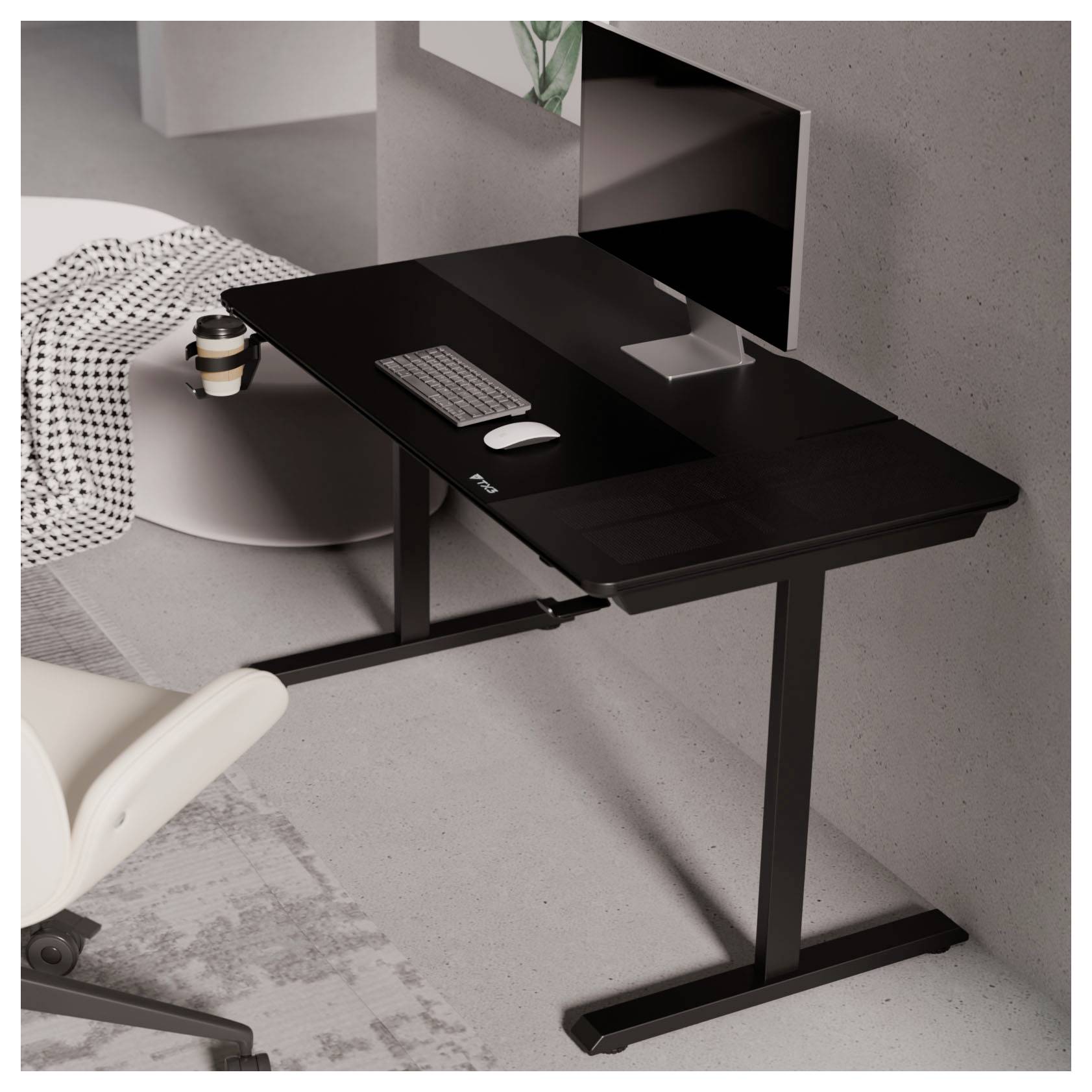 Minimalistischer schwarzer Schreibtisch mit Tastatur und Maus neben einem Bett, mit einer Monitoraussparung in der Wand